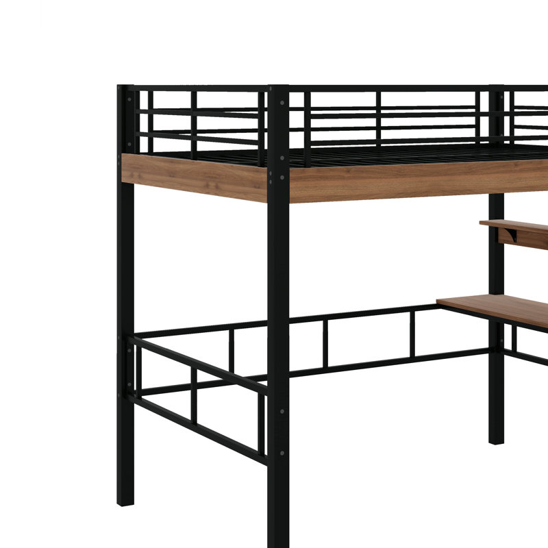 Lit mezzanine double en métal avec bureau intégré, tablette de rangement et échelle