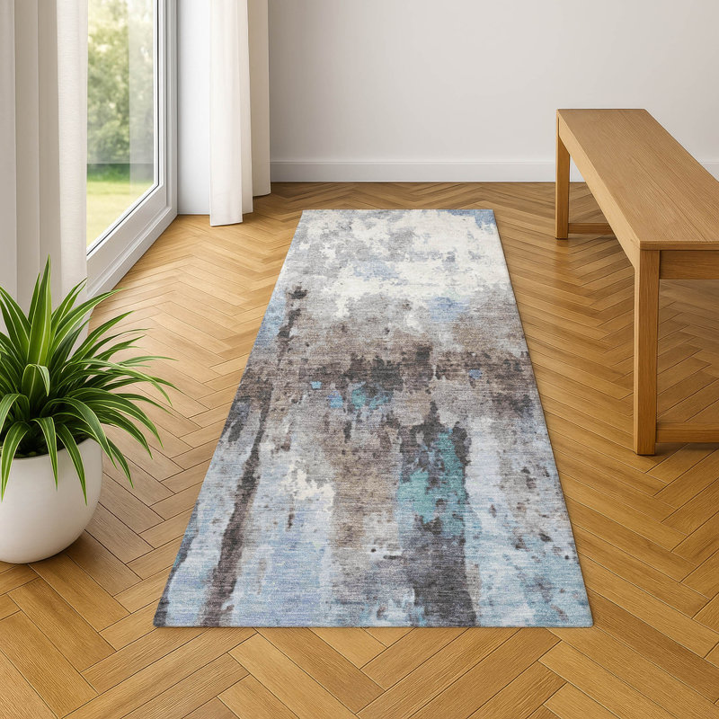 Premium Machine Washable Mayfield Abstract Rug, Blue, 2'3" x 7'6" Runner