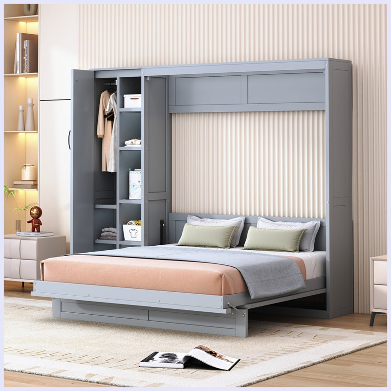 Lit escamotable moderne avec tablettes murales, Gris, Grand