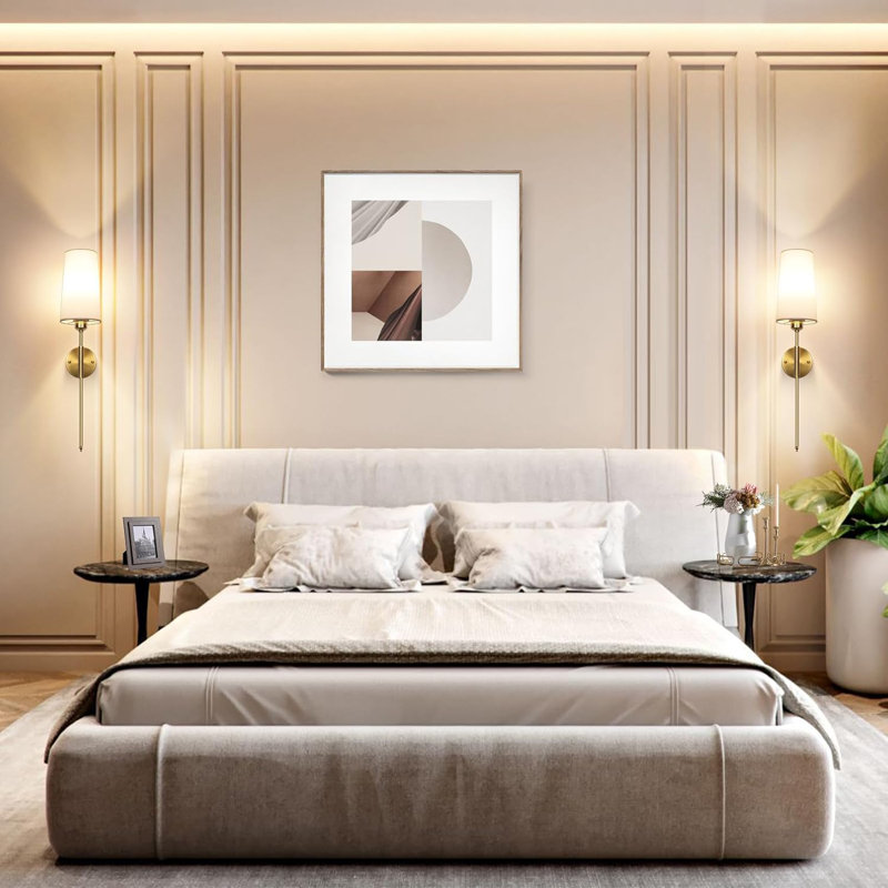 Battery Operated Wall Sconce, Rechargeable Wall Sconce With Remote, Dimmable Wireless Wall Sconces Set Of Two, White Fabric Wall Lamp With Bulbs, No Wiring Gold Wall Light For Bedroom
