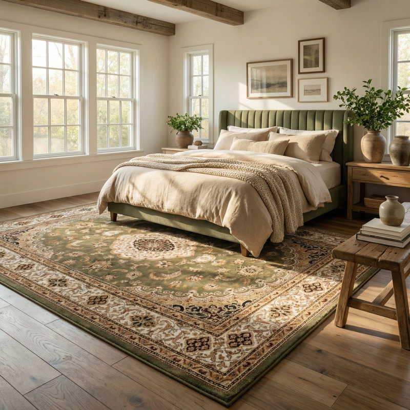 Rug Branch Diwan 5' x 7' (5'3" x 7'5") Green/Beige Persian Medallion Indoor Area Rug, Traditional, Low Pile, Stain-Resistant Carpet - Living Room, Bedroom, Dining Room, and Kitchen