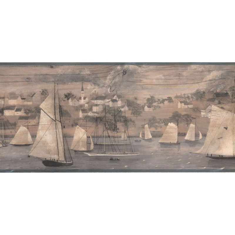 Bordure de papier peint L 15 pi x l 9 po Madalyn Ships, Gris