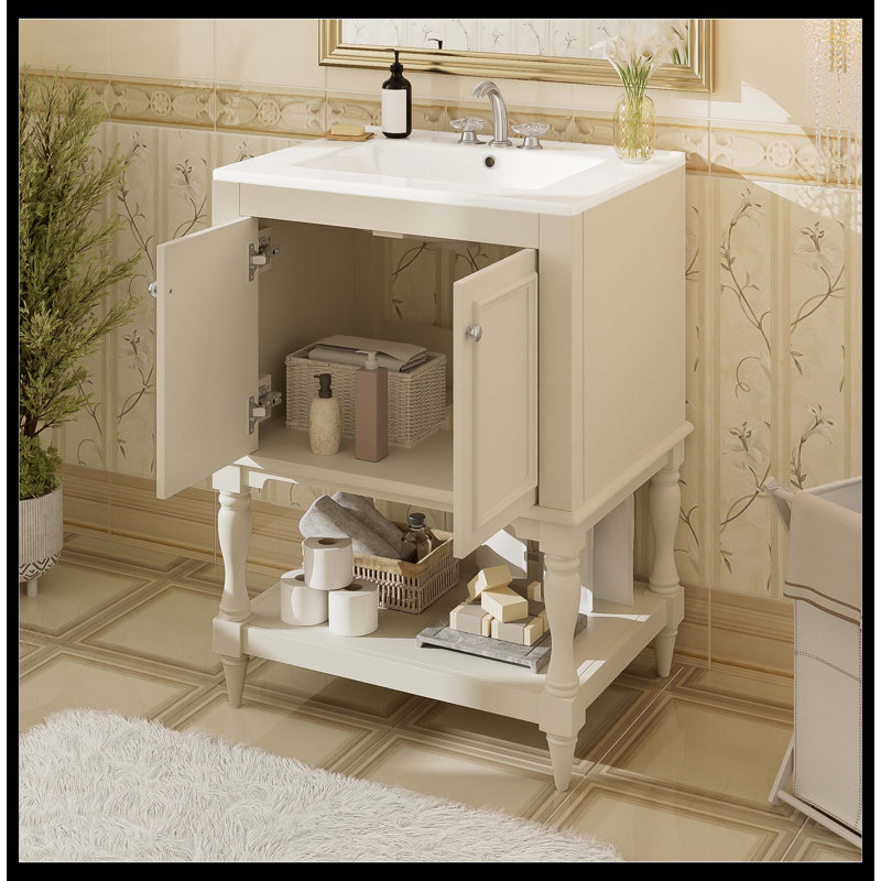 24" Modern Luxury Bathroom Vanity With Ceramic Sink, Cabinet Featuring Open Shelf & Closed Storage Space, Beige
