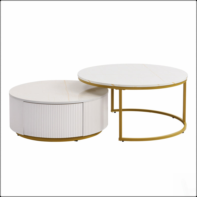 Table basse gigogne moderne avec design cannelé et tiroir spacieux, parfaite pour les espaces de vie polyvalents et élégants.