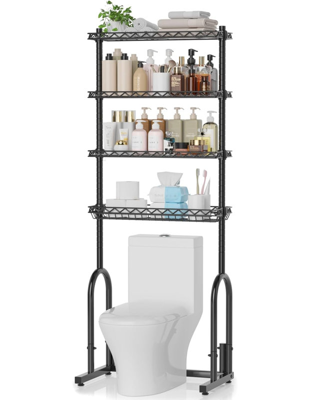 Étagère de salle de bain à 4 niveaux avec tablettes réglables et panier