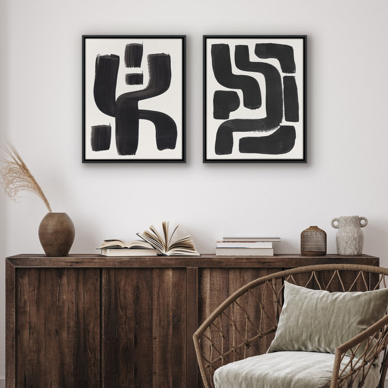 16x20 Canvas Wall Art Featuring Bold Black Brushstroke Shapes - Cream Background - Set of 2 - Abstract Wall Art, 16"x20"