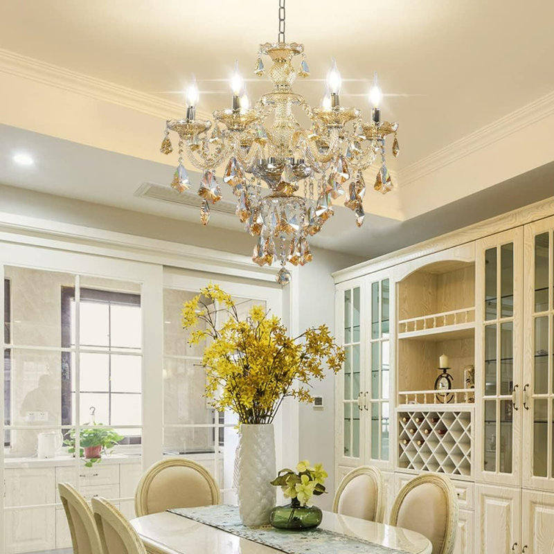 Moderne K9 lustre en cristal cognac 6 lumières E12 base bougie en cristal de plafond pour la salle à manger salon chambre couloir