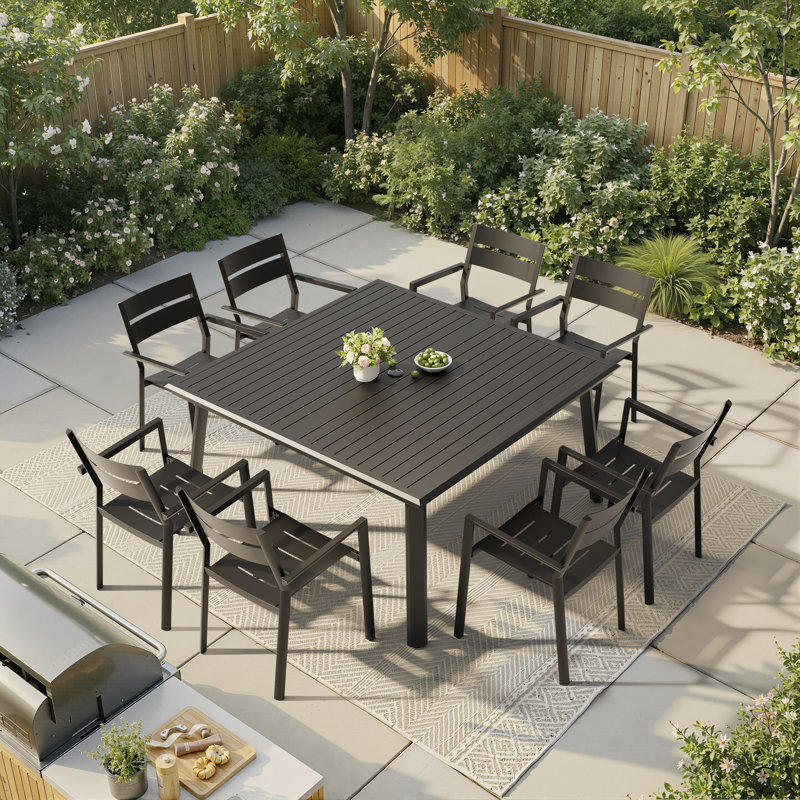 8 - Person Square Aluminum Outdoor Dining Set With Stackable Armchairs
