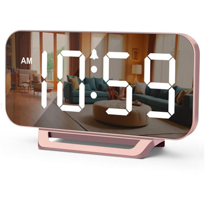 Slim Digital Mirror Clock, Aesthetic Alarm Clock For Bedroom Living, Plug In Electric Clock Big LED Modern Decorative Small Table Clock For Office Desk, Battery Backup, 6 Dimmers (Rose Gold)