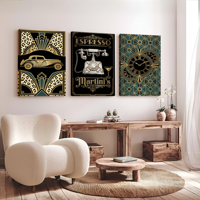 Ensemble de 3 tableaux muraux Art Déco : Horloge Espresso Martini Léopard Voiture, H 36 po x l 72 po