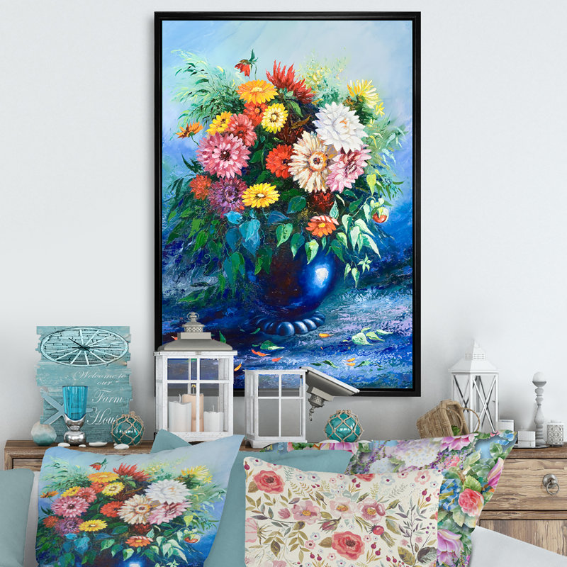 Bouquet de fleurs bleues - art mural traditionnel sur toile, H 20 po x l 12 po x P 1 po, Toile avec cadre flottant noir