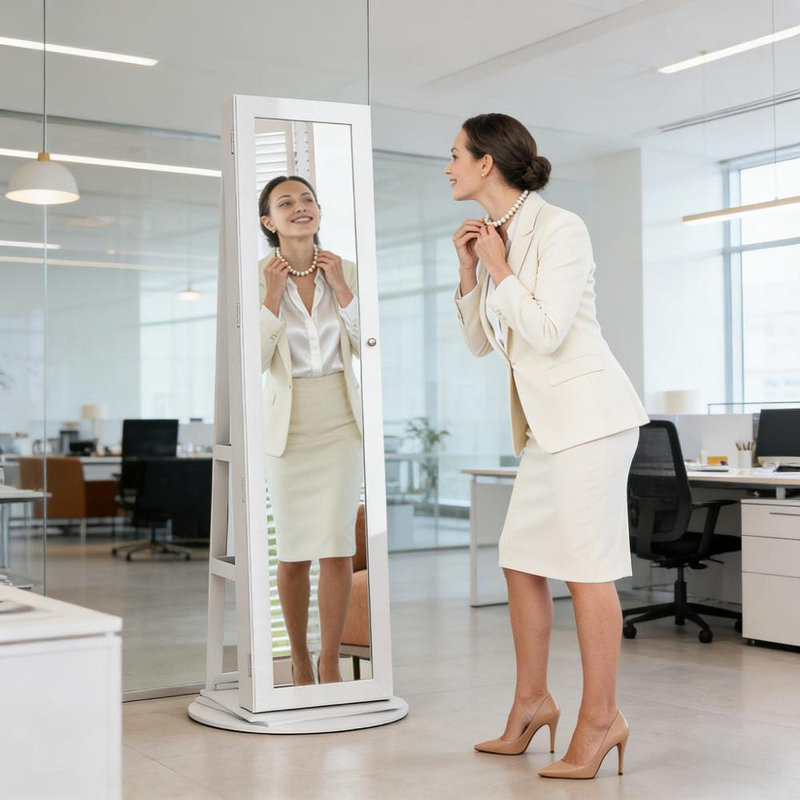 Miroir verrouillable verrouillable pour armoire à bijoux, miroir pleine grandeur pivotant à 360 °, avec tablettes de rangement