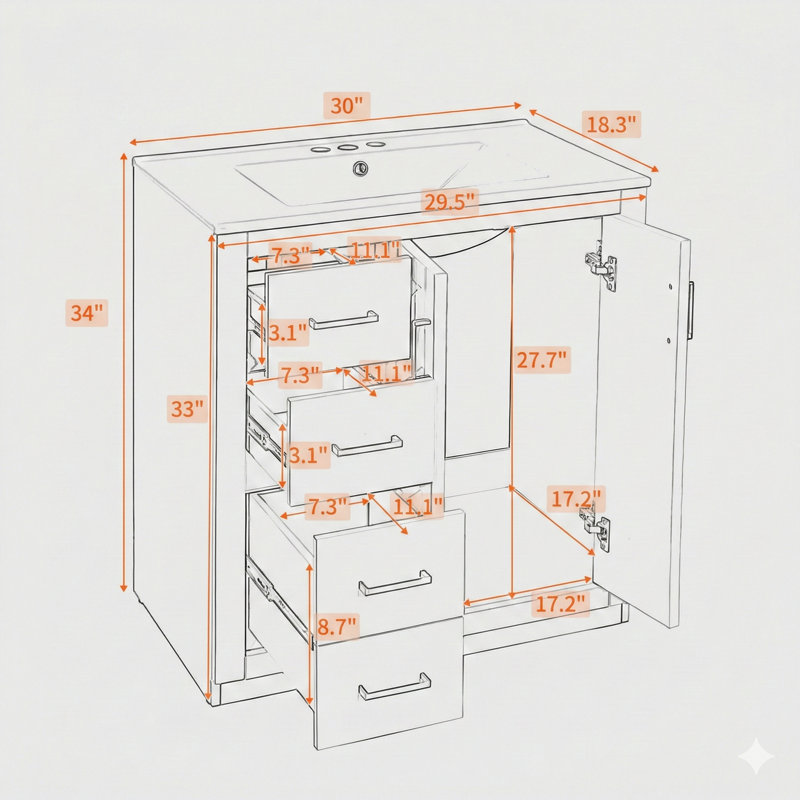 Ensemble de meuble-lavabo 30 po avec lavabo en céramique, armoire de rangement à cadre en bois massif, ensemble de meuble-lavabo autoportant avec trois tiroirs et portes à fermeture en douceur