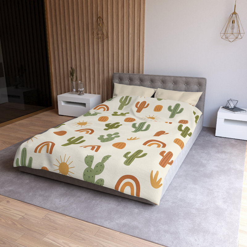 Microfiber Duvet Cover Boho Style, Design 18, Twin Duvet Cover, Green/Cream