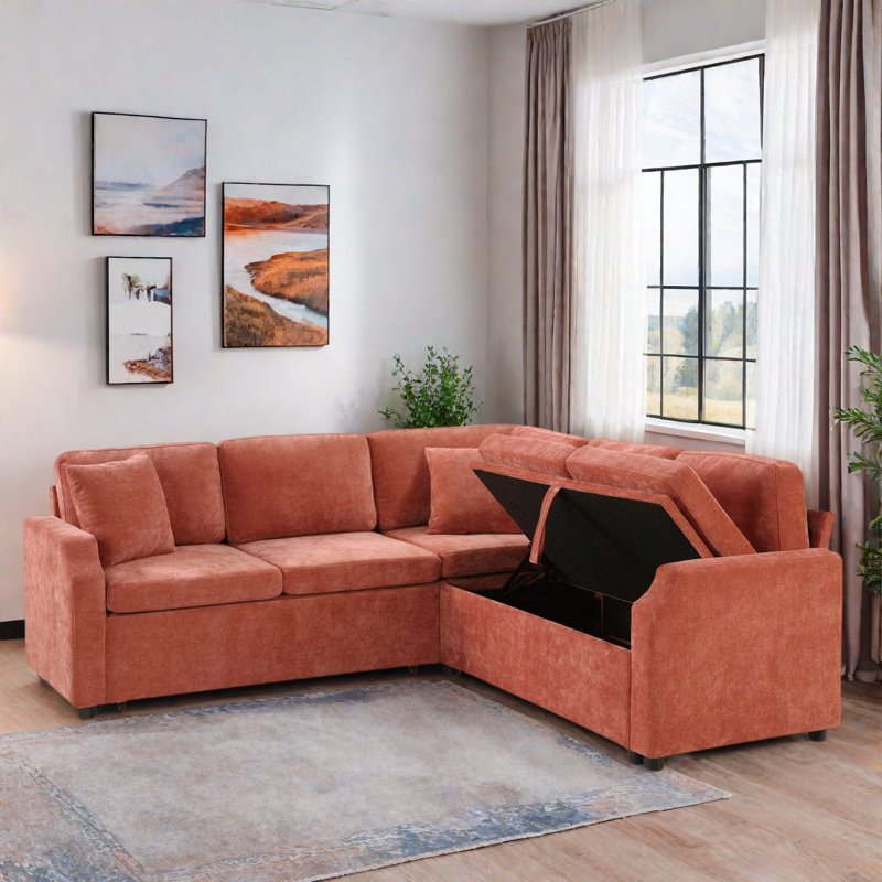 L-shaped Sectional Sofa With Hidden Storage Compartment, Orange Chenille