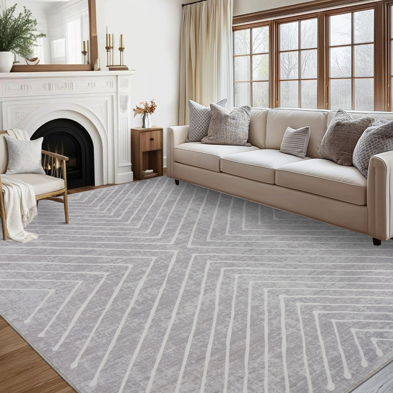 Geometric Machine Washable Rug Abstract Non Slip Living Room Rug Low Pile Thin Rug, Contemporary Neutral Rug, Non Shedding Soft Rug for Bedroom