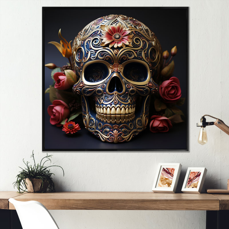 Art floral crâne mexicain doré II - art mural crâne pour le salon, Cadre flottant noir, H 30 po x l 30 po x P 1,5 po