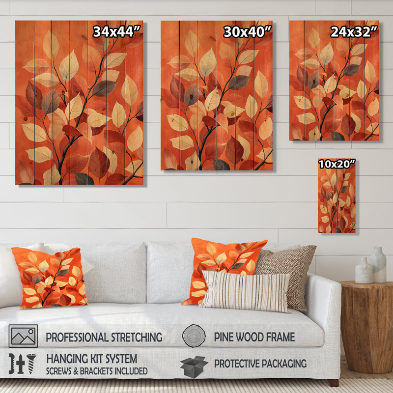 Feuilles de terre cuite, couches de forêt II - feuilles, art mural en bois - sur bois de pin naturel
