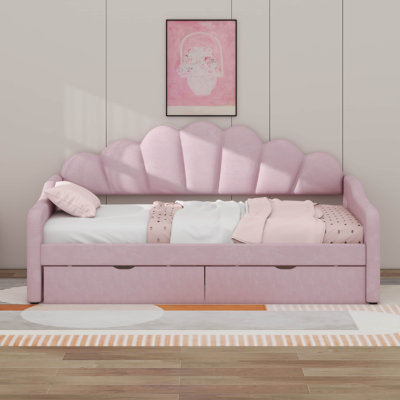 Full Size Modern Upholstered Sofa Day Bed With Shall Shaped Backrest & Storage Drawers