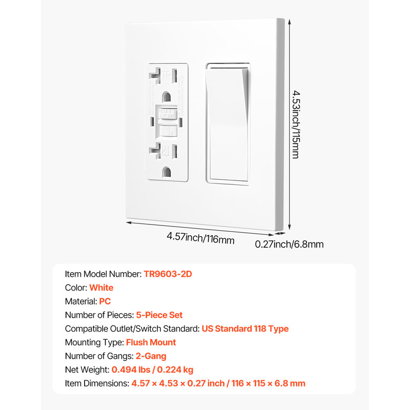 Plaques murales pour interrupteurs à bascule, cache-prises décoratifs doubles, format standard 11,6 cm L x 11,5 cm H, plaque frontale incassable en polycarbonate thermoplastique pour prises et interrupteurs (paquet de 5, blanc)