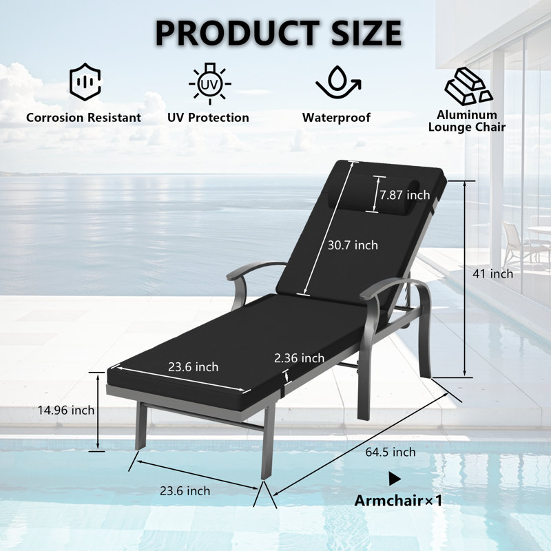 Chaise longue d'extérieur réglable en aluminium Deianna avec coussins, accoudoirs ergonomiques et cadre résistant à la rouille pour bronzer