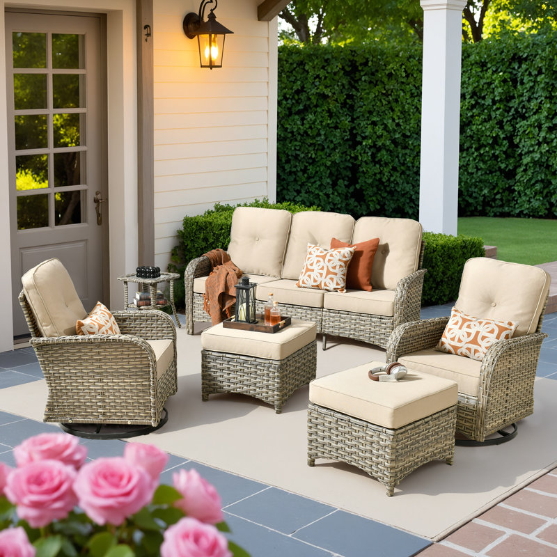 Ensemble de conversation modulaire en osier 7 places avec coussins, ensemble d'invité modulaire moderne en rotin, ensemble de mobilier de patio avec accoudoirs