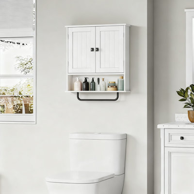 Wall Mounted Bathroom Cabinet With Towel Bar, Over The Toilet Storage Cabinet With 2 Doors And Adjustable Shelf For Bathroom, Kitchen, Laundry Room