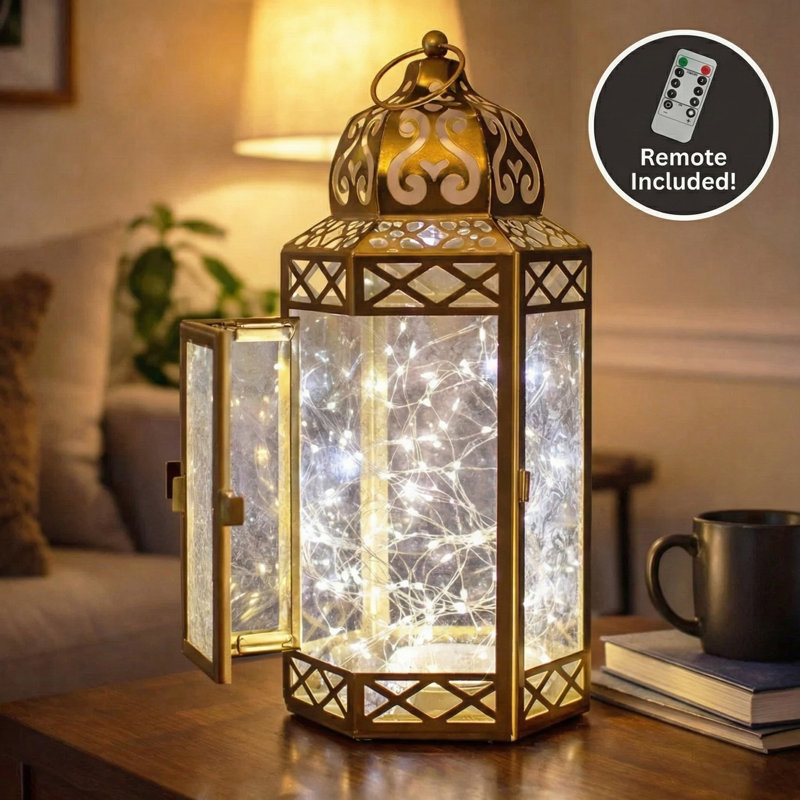 Decorative Moroccan Candle Lantern with LED Fairy Lights, Gold/Clear, 12" H x 5.75" W x 4.4" D