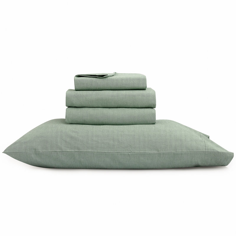 BESTOUCH Sheet Set 100% Washed Cotton Linen Feel Lightweight, Green, Full / Double Sheet Set with 2 Pillowcases