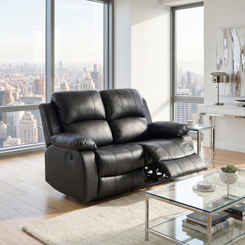 Black Vegan Leather Manual Recling Loveseat, Black