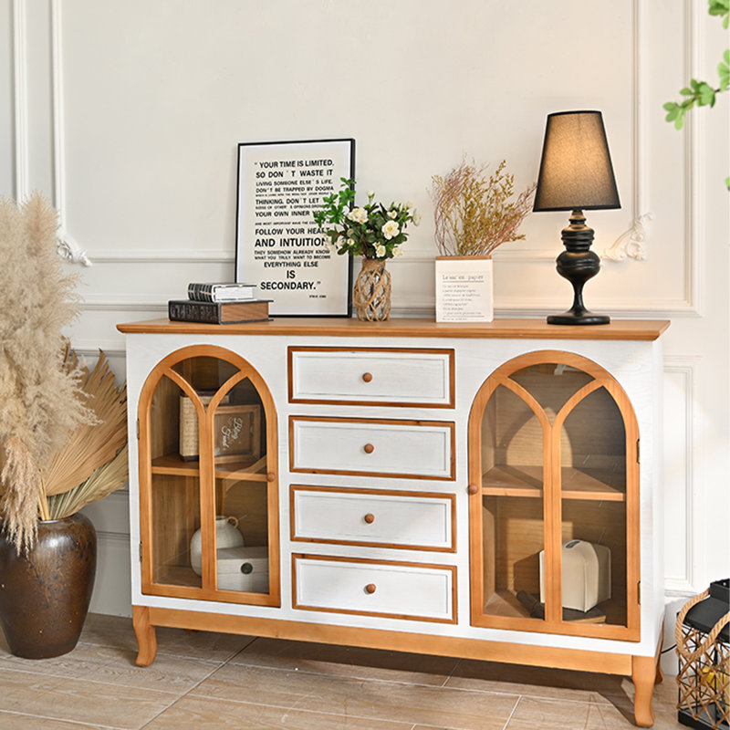 Buffet brun + blanc massif + bois manufacturé + verre