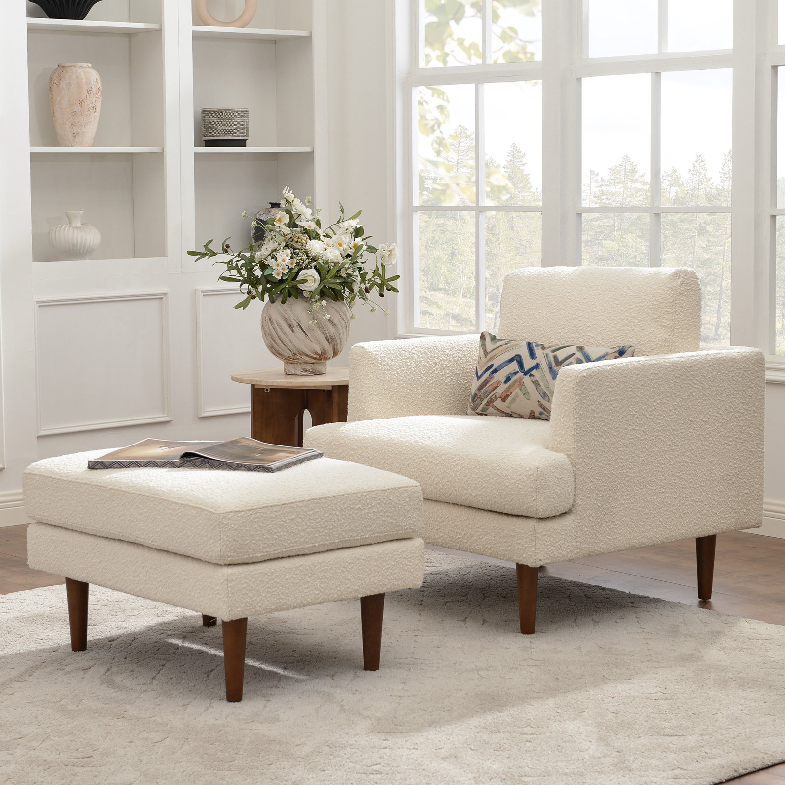 Miller 35'' W Upholstered Armchair With Ottoman, Cream Boucle