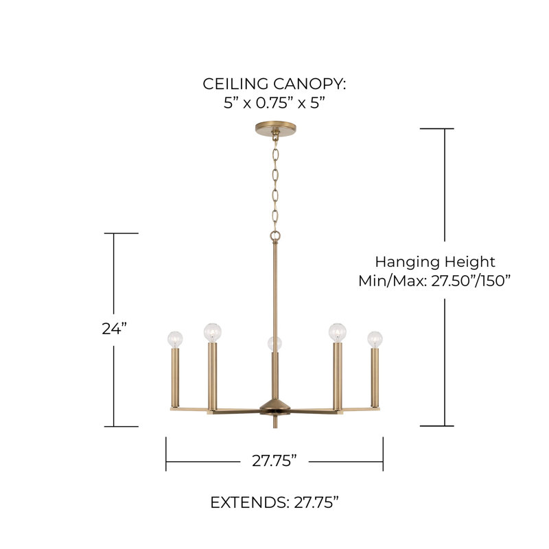 5 - Light Dimmable Modern Linear Chandelier, Aged Brass