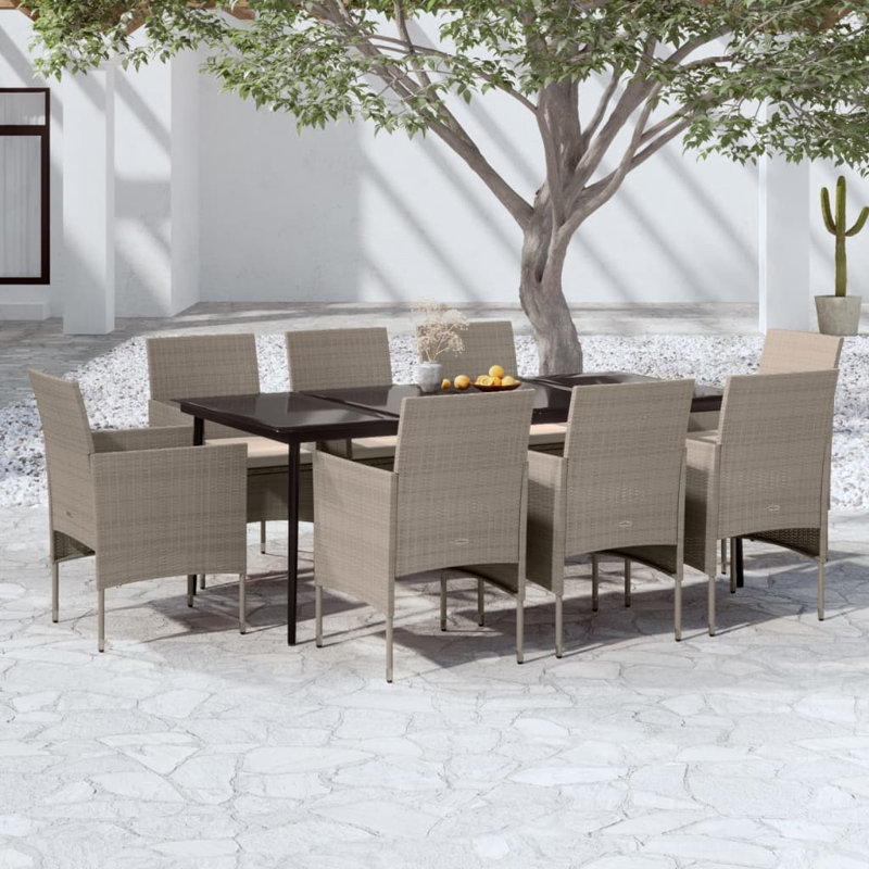  Garden Dining Set Beige And Black, Cream Cushion/Beige Frame, 29.1" H x 78.8" W x 39.4" D, 8