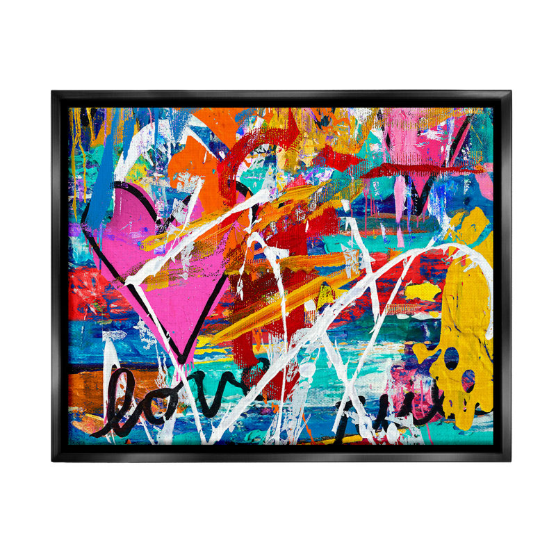 "Urban Heart Graffiti Collage" par Madeline Blake sur toile, Cadre flottant noir de jais, H 17 po x l 21 po