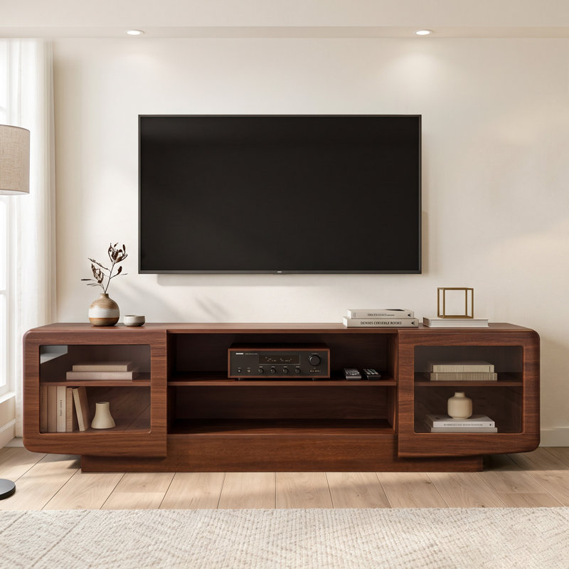Meuble télé rétro en noyer foncé avec portes en verre trempé, console multimédia moderne pour salon