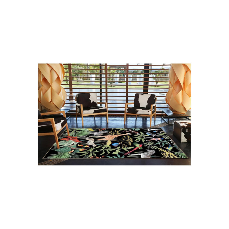 Black Themed Multicolored Tree Giraffe And Monkey Patterned Modern Decorative Carpet, Rectangle 3'4" x 6'7"