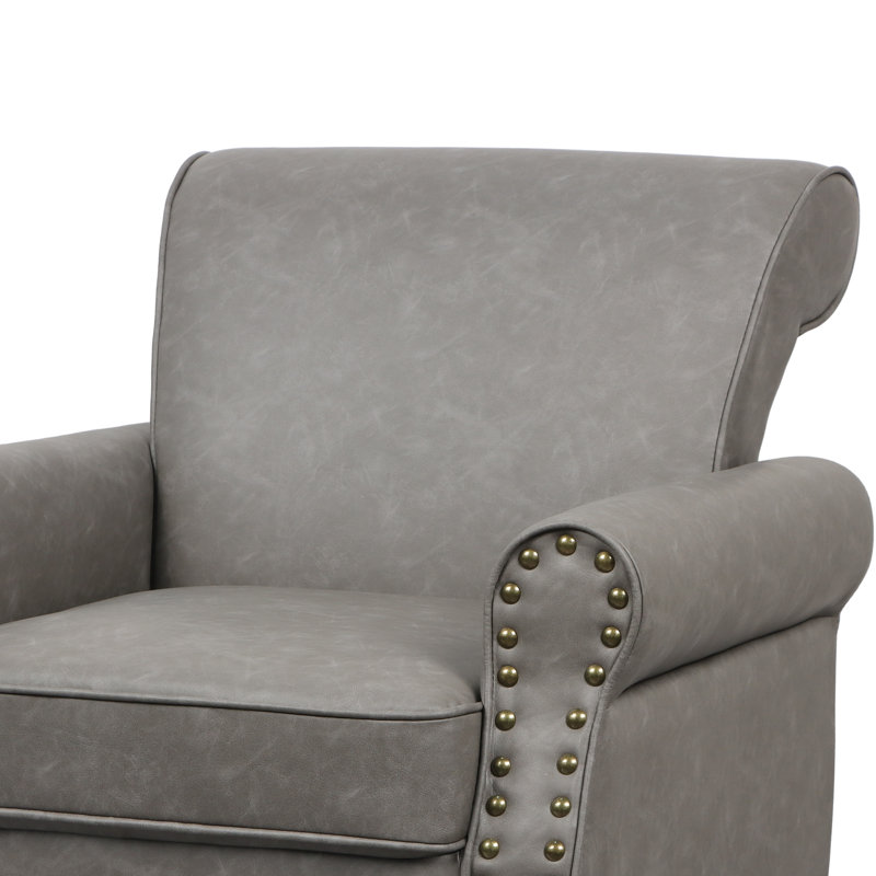 Enoks Traditional Upholstered Gray Faux Leather Armchair with Nailhead Trim, Gray Faux Leather
