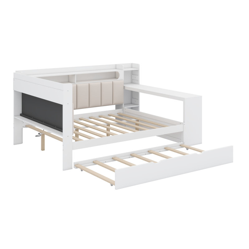 All-in-One Sleep and Study Daybed with Upholstered Backrest, Bookcase, Pull-Out Guest Bed, Power Hub, and Ambient LED Strips