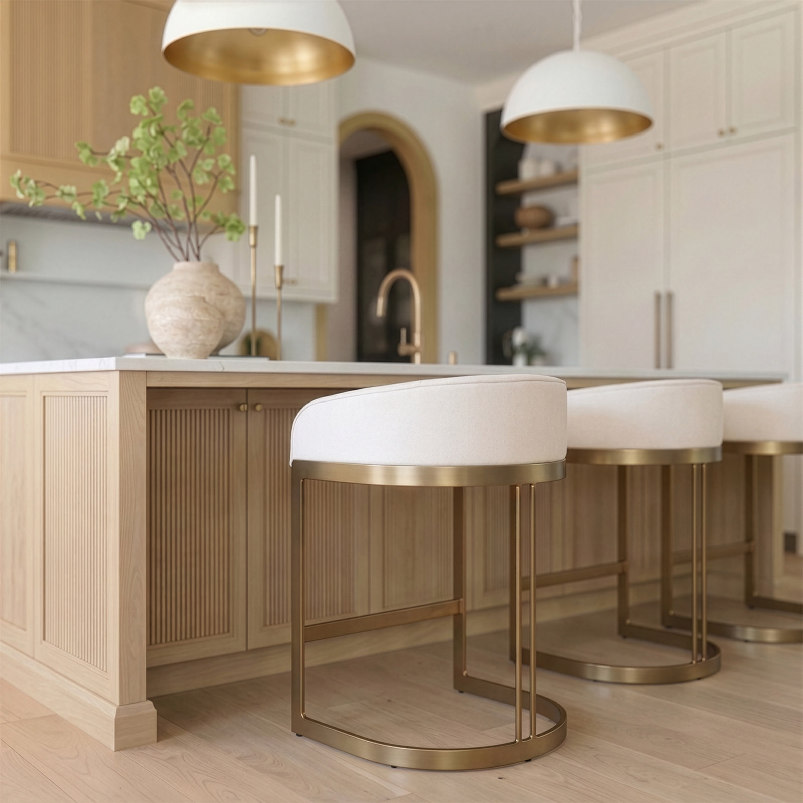 Bradley Upholstered Bar & Counter Stool, Counter Stool (24.75" Seat Height), Brass, Ivory-Cream