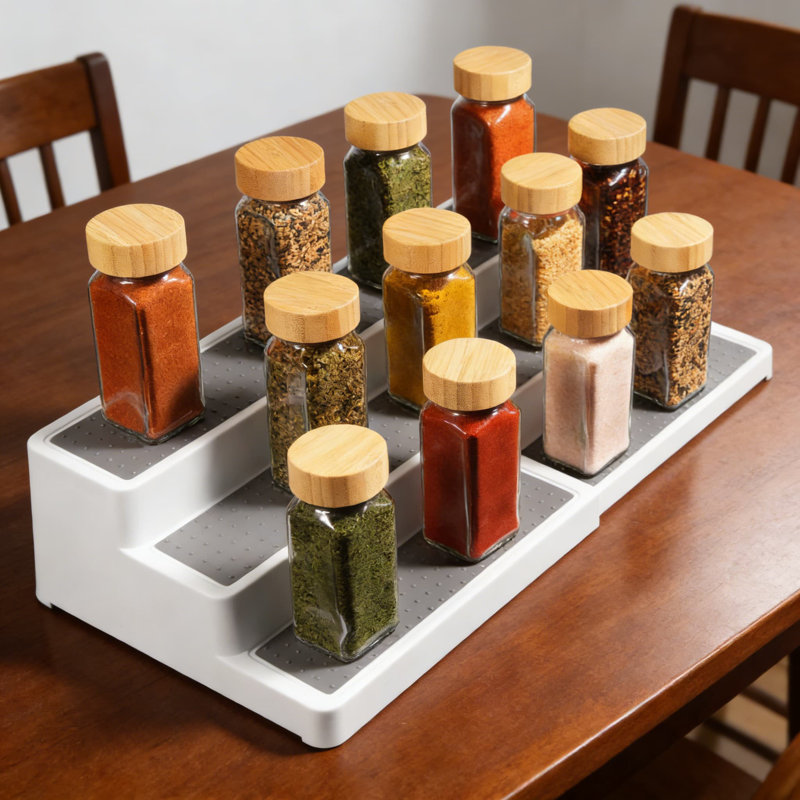 Rangement extensible pour étagère à épices à 3 niveaux, longueur réglable pour un ajustement personnalisé, tablettes antidérapantes pour la stabilité, armoire peu encombrante, garde-manger ou comptoir