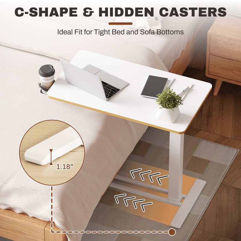 Kristee Adjustable and Movable Overbed Table with Hidden Casters, 40.5" H x 31.5" W x 17.7" D, White with Maple Edge