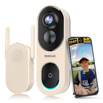 Caméra sonnette sans fil 5MP - Vue panoramique à 180 °, sans frais mensuels, détection de mouvement de l'IA, mode VR, WiFi 2,4Ghz
