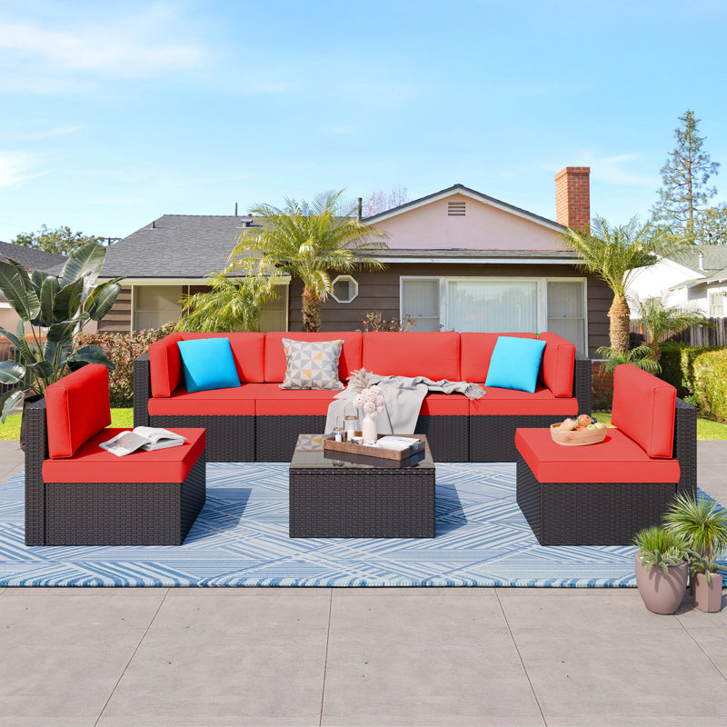 Arleht 7-Piece Wicker / Rattan Outdoor Sectional Seating Group with Cushions, Red