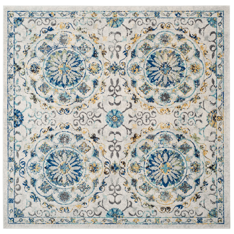 Tapis floral ivoire / bleu Osakis, Carré 6 pi 7 po