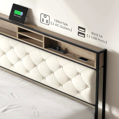 Très grande base de lit, base de lit plateforme avec station de charge, tête de lit et pied de lit rembourrés avec lattes de support en métal, sommier non requis, beige (sans tiroirs)