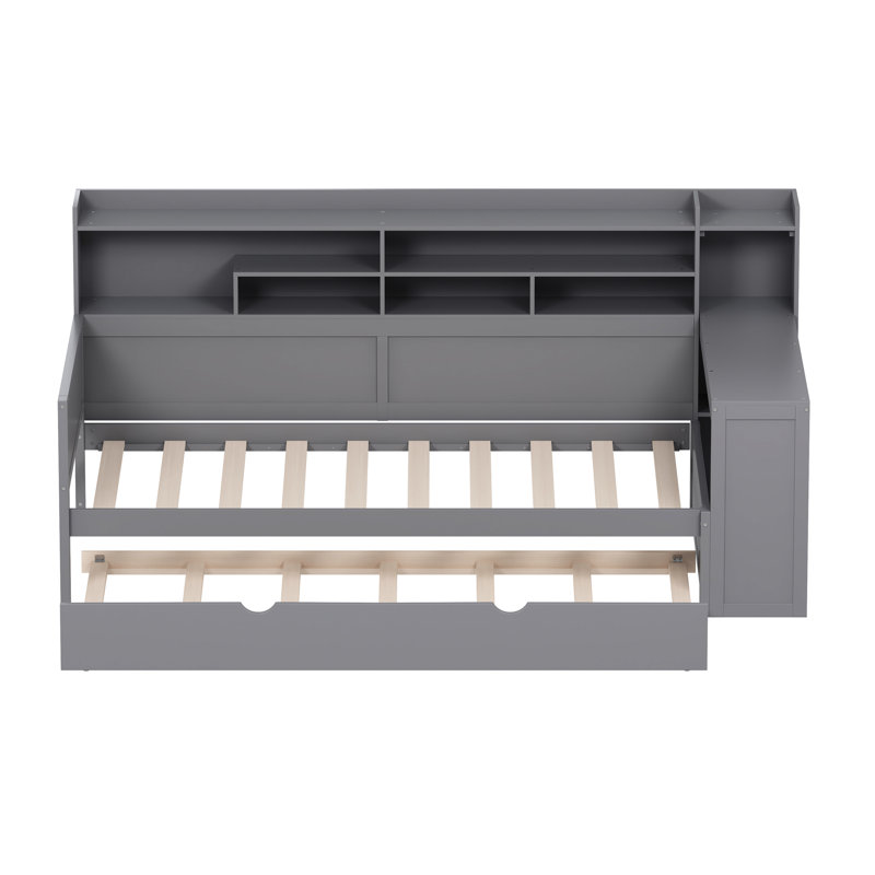 Lit simple en bois gris avec tablettes de rangement, lit gigogne et bureau d'étude, Lit simple
