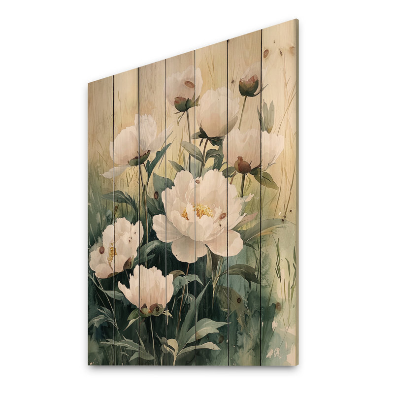 Peonies And The Open Field II - Peonies Wood Print - On Natural Pine Wood, 44" H x 34" W x 0.78" D