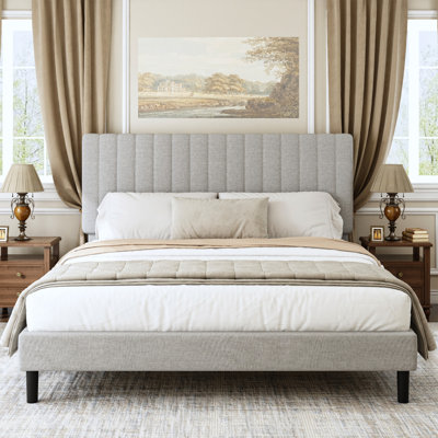 Structure de lit double, lit plateforme tapissier en lin avec tête de lit, lattes de bois robustes, aucun sommier tapissier, sommier anti-bruit, assemblage facile, rayures verticales, gris clair