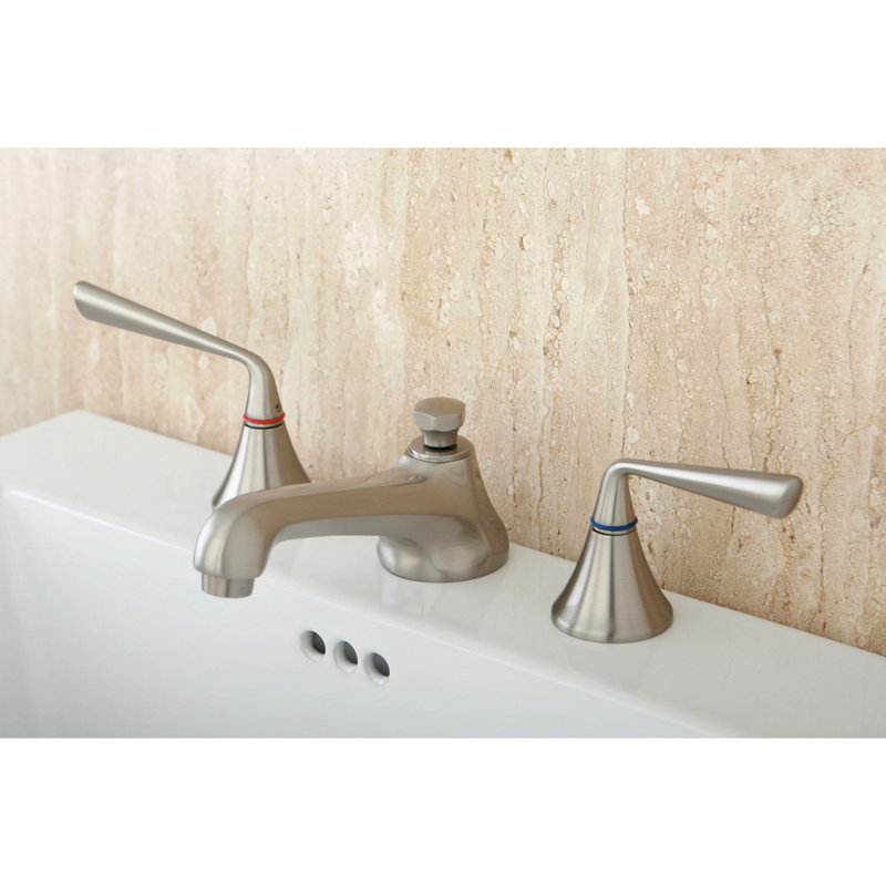 Kingston Brass Two-Handle 3-Hole Deck Mount Widespread Bathroom Faucet with Brass Pop-Up Drain, Brushed Nickel